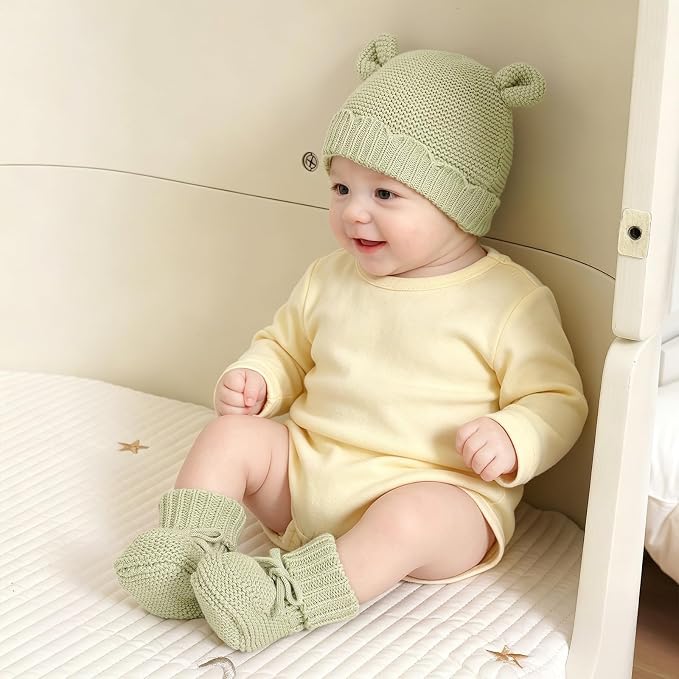 Hadetoto 100% Organic Cotton Baby Beanie and Booties Set | Newborn, Knit Sock - Image 2
