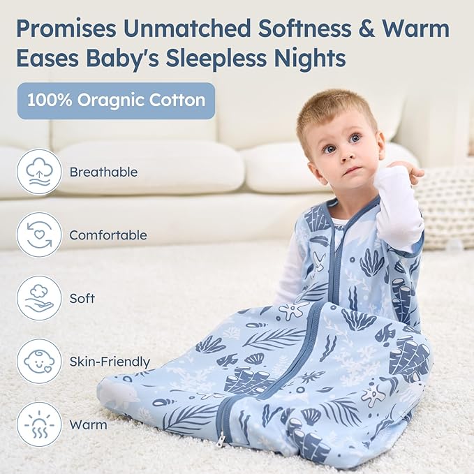 Baby Sleep Sack 18-24 Months 100% Cotton Lightweight 0.5 TOG Wearable Blanket Baby Sleep Bag with 2-Way Zipper for Infant Toddler Blue Dolphin