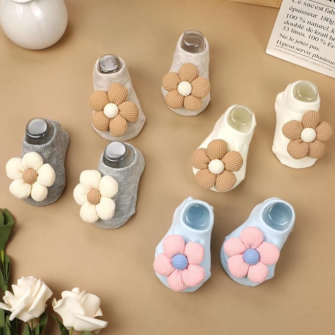 4Packs Baby Girls Socks, Flower Non-Slip Grips - Image 3