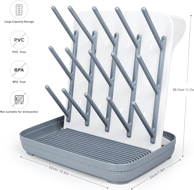 Termichy Baby Bottle Drying Rack: Large Vertical Bottle Dryer Rack Holder - Space Saving Standing Drying Rack for Baby Bottles and Pump Part Cleaning (Gray)