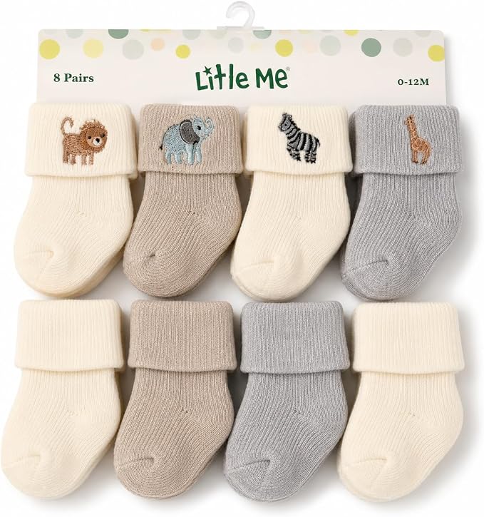 Little Me 8-Pack Baby Socks, Full Cushioned Turncuff Crew Socks, Neutral Safari by LittleMeChildrensApparel