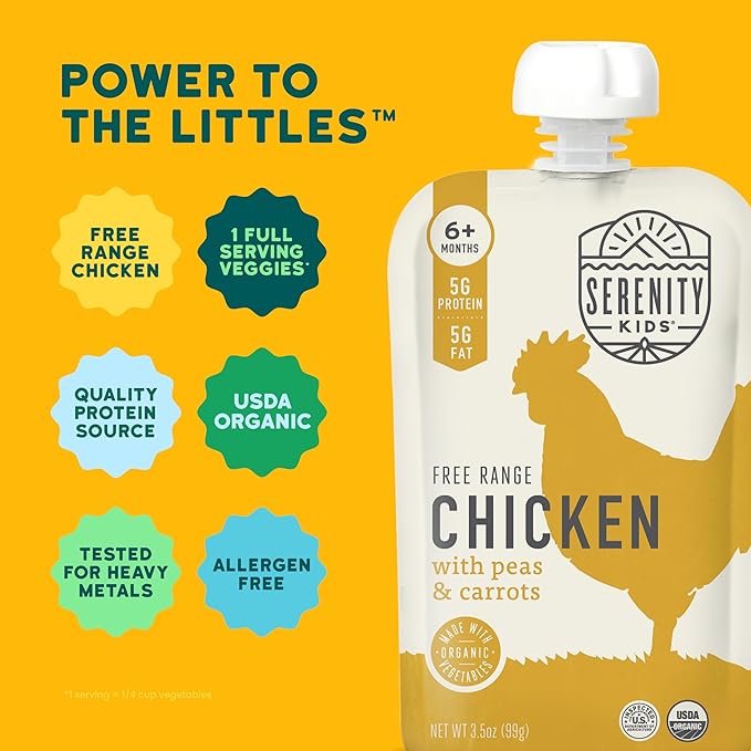 Serenity Kids 6+ Months Baby Food Pouches Puree Made With Ethically Sourced Meats & Organic Veggies | 3.5 Ounce BPA-Free Pouch | Free Range Chicken, Pea, Carrot | 1 Count