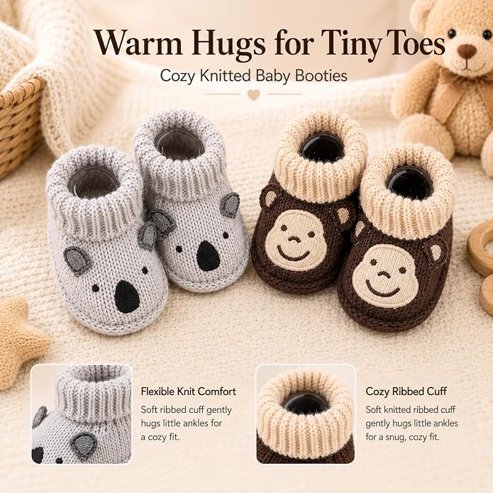 2 Pairs Baby Booties Newborn First Walkers Cozy Shoes Warm Knit Soft Booties - Image 4