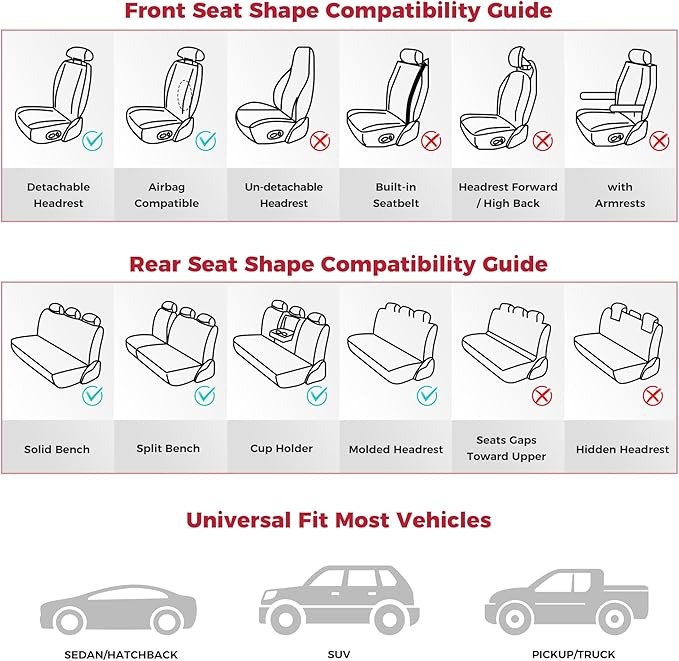 FREESOO Car Seat Covers Full Set, Black Red Waterproof Car Seat Cover, Leather Seat Covers for Trucks, Luxury Car Seat Covers Front Seats and Auto Back, Breathable Car Seat Cushion for Most SUV Cars