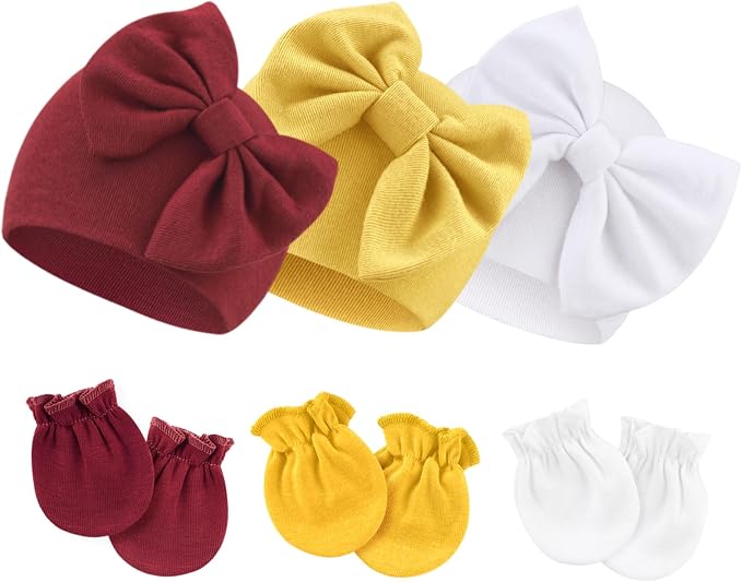 Newborn Baby Hats and Mittens Set Infant Bow Beanie Cap Toddler Gloves Newborn by AQOKKA