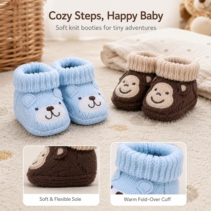 2 Pairs Baby Booties Newborn First Walkers Cozy Shoes Warm Knit Soft Booties - Image 5