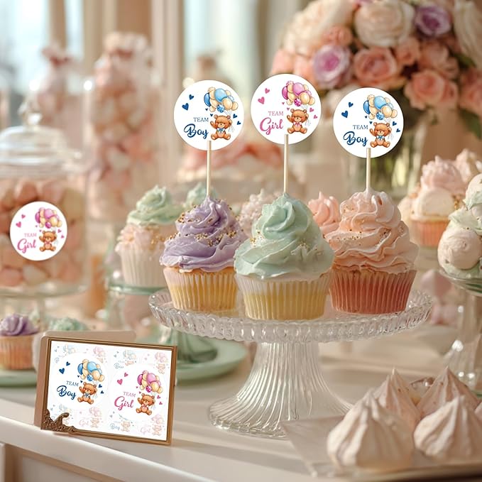 80Pcs Cute Bear Gender Reveal Stickers Roll, 2 Inch Team Boy Team Girl Gender Reveal Labels, Pink and Blue Self-Adhesive Decorative Round Stickers for Baby Shower Party Supplies