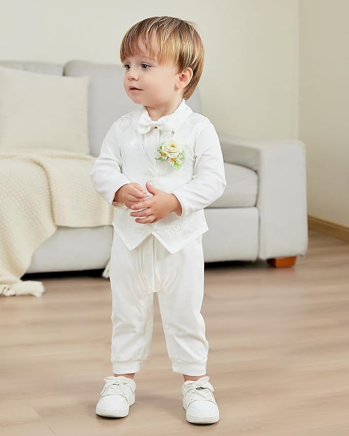 Baby Boy Clothes Gentleman Baby Suit Long Sleeve Romper+Vest+Bow Tie+Corsage 4Pcs Boys Formal Jumpsuit