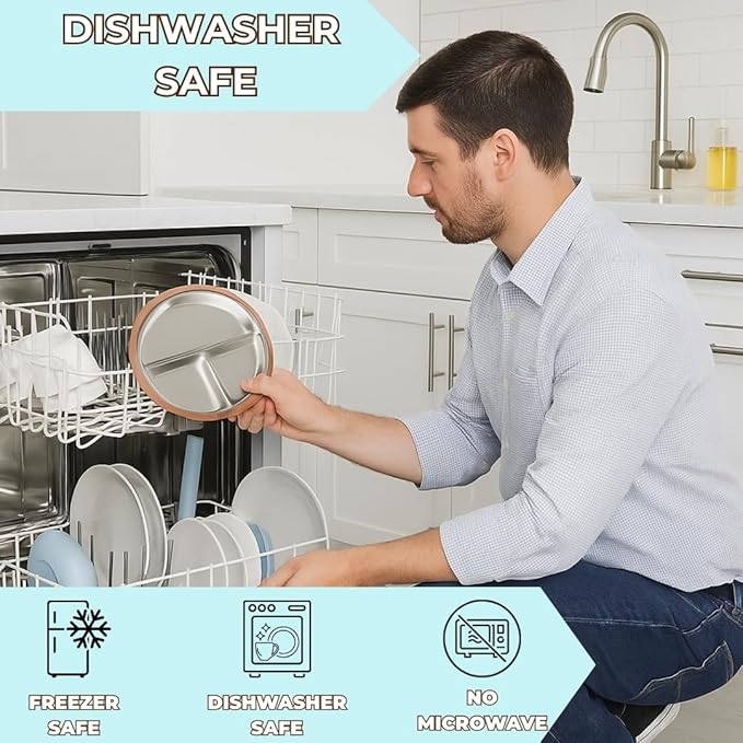 Stainless Steel Toddler Feeding Set 4 Pieces – Suction Plate, Silicone Bib, Spoon & Fork – Divided Plates for Baby Led Weaning, BPA-Free, Removable Shell (Baby Blue)