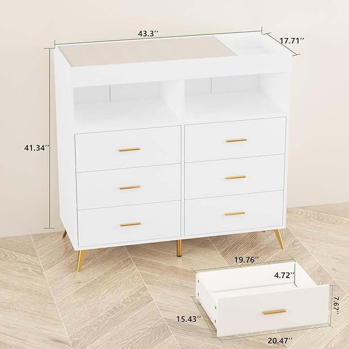 GarveeHome Dresser for Bedroom with 6 Drawers, Baby Changing Table Dresser with Changing Pad, LED Lights & Charging Station, Baby Changing Station with Changing Table Top (White)