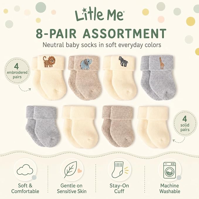Little Me 8-Pack Baby Socks, Full Cushioned Turncuff Crew Socks, Neutral Safari - Image 4