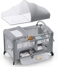 4 in 1 Baby Bassinet, Pack and Play, Bedside Crib Sleeper, Diaper Changer - Comes with Mattress, Mosquito Net，Bottom Storage and Toy Bar for Newborn to Toddles