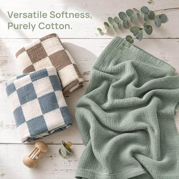 3 Pack Ultra Soft Checkered Muslin Swaddle Blankets 38"x40" Cotton Newborn - Image 7