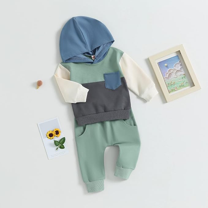 Thorn Tree Infant Baby Boys Pants Set Hooded Solid Sweatshirt Top Pocket - Image 3