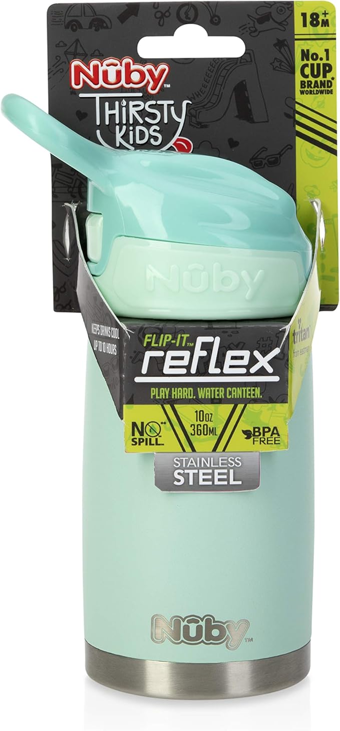 Nuby Thirsty Kids No Spill Flip-It Reflex Stainless Steel Travel Cup or Water Bottle - 10 Oz - 18+ Months - Aqua Mint - Back to School Essentials