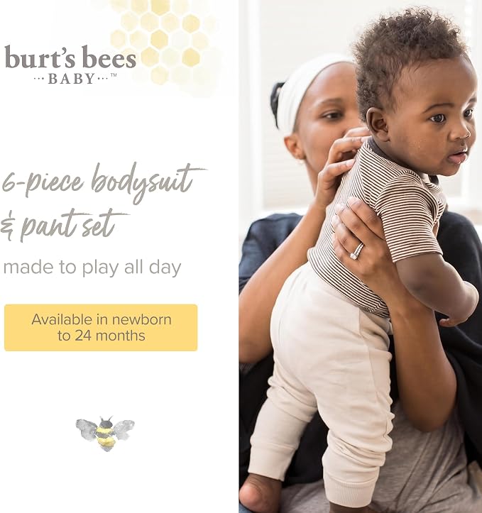 Burt Bees - 6Pk Baby Girl Organic Cotton Bodysuit & Pant Set, Ranunculus - Image 3