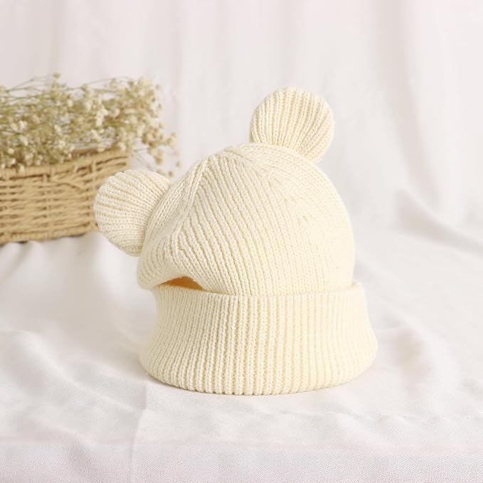 Hadetoto Cotton Baby Beanie Winter Knitted Hat, 2 Pack | Bear Ear Design - Image 6