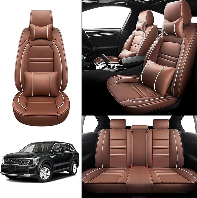 Car Seat Covers for kia Sorento 2003-2025 | 5-Seats Seat Covers, Waterproof Seat Protectors, Automotive Seat Covers (Full Set with Pillow,Coffee)