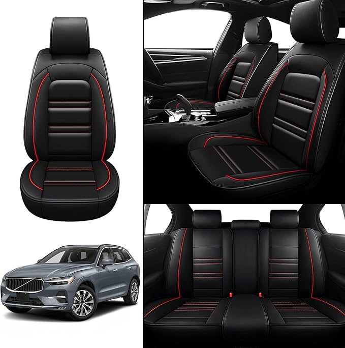 Seat Covers for Volvo Car xc60 2010-2025 | 5-Seats Leather Seat Covers, Easy to Install Automotive Seat Covers Full Set (Full Set, Black&Red Line)
