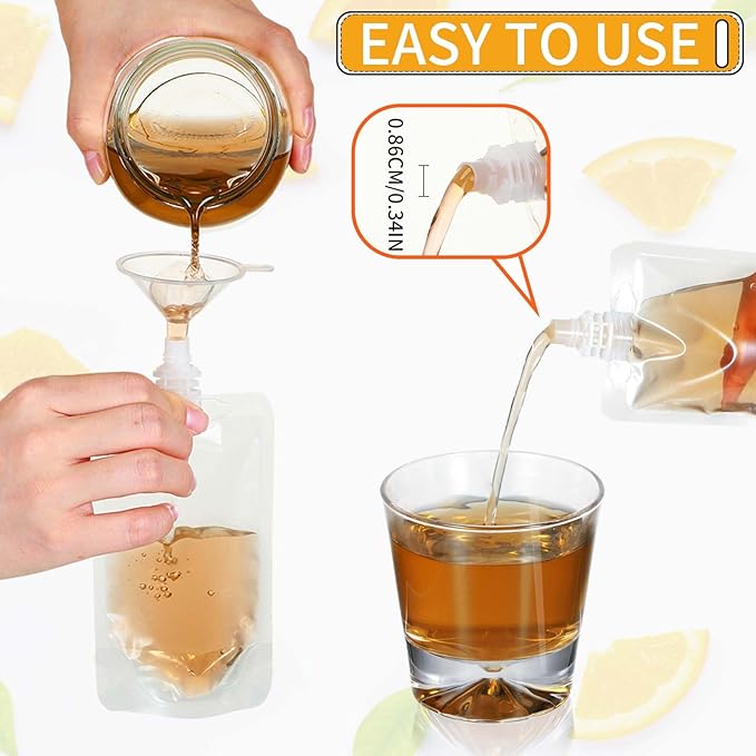 Meanplan 100 Pcs Plastic Pouches Bulk Reusable Squeeze Pouches Clear Plastic Juice Leak Proof Bags with Funnel for Party Favors Supplies(13 oz,Straight Mouth)