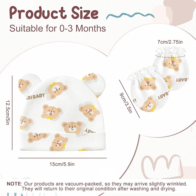 Newborn Baby Hats and Mittens Set, Cotton Infant Baby Boy Girl Bear Ears Caps - Image 2