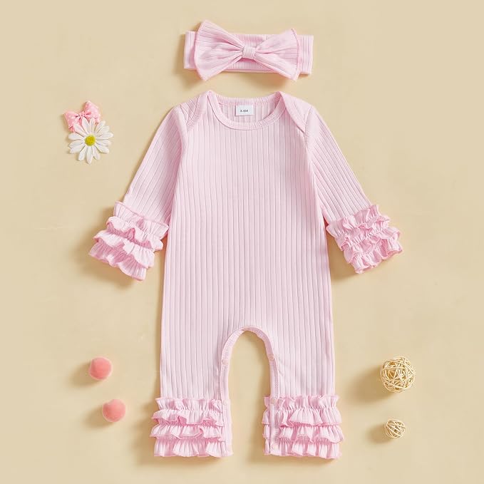 Newborn Baby Girl Clothes Jumpsuit Ruffle Romper Bodysuit Pants Headband - Image 2