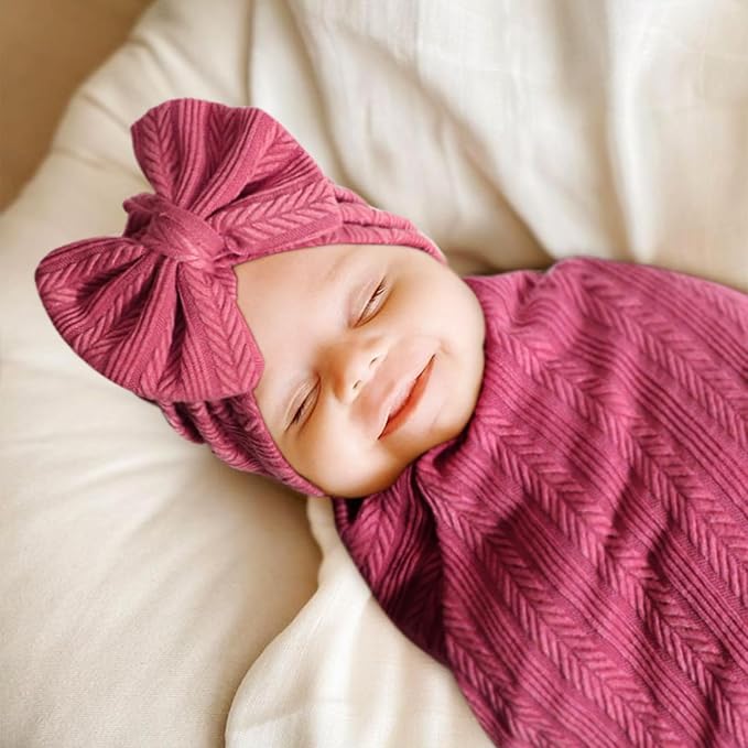 AQOKKA Newborn Receiving Blanket Wheat Ear Bow Hat Hairband Set - Image 3