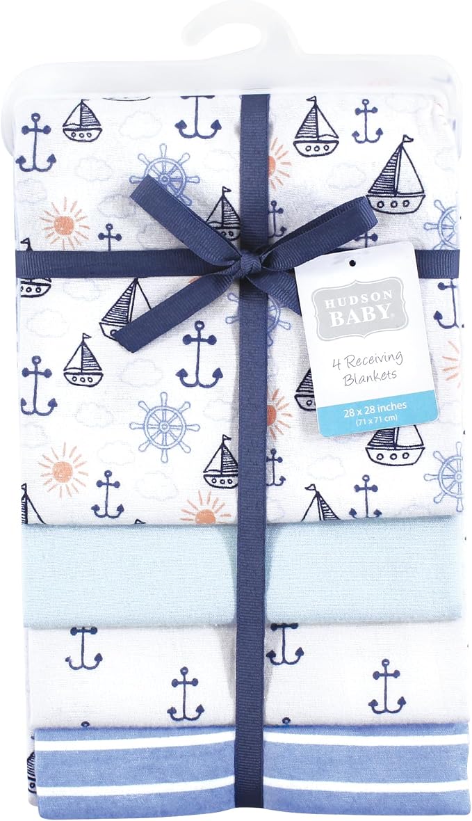 Hudson Baby Cotton Flannel Receiving Blankets 4-Pack, Sunshine And Sailboats - Image 2