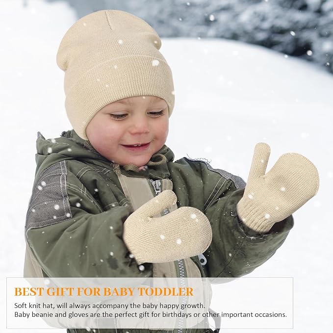 Baby Beanie Hat Gloves Set, Kids Winter Warm Knit Hat - Image 4