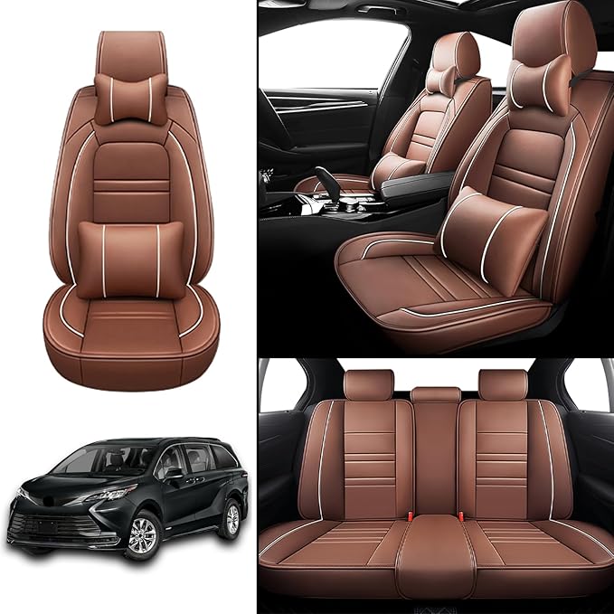 Car Seat Covers for Toyota Sienna 2004-2025 | 5-Seats Seat Covers, Waterproof Seat Protectors, Automotive Seat Covers (Full Set with Pillow,Coffee)