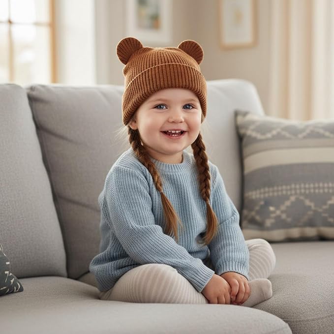 Hadetoto Cotton Baby Beanie Winter Knitted Hat, 2 Pack | Bear Ear Design - Image 5
