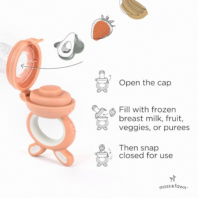 Moss and Fawn Little Explorer Kit - Silicone Frozen Breast Milk Popsicle Kit with Forage Feeder, Teething Popsicle Ice Cube Tray, & Gather & Roll Baby Feeding Bib - BPA, PVC, & Lead-Free - Bloom