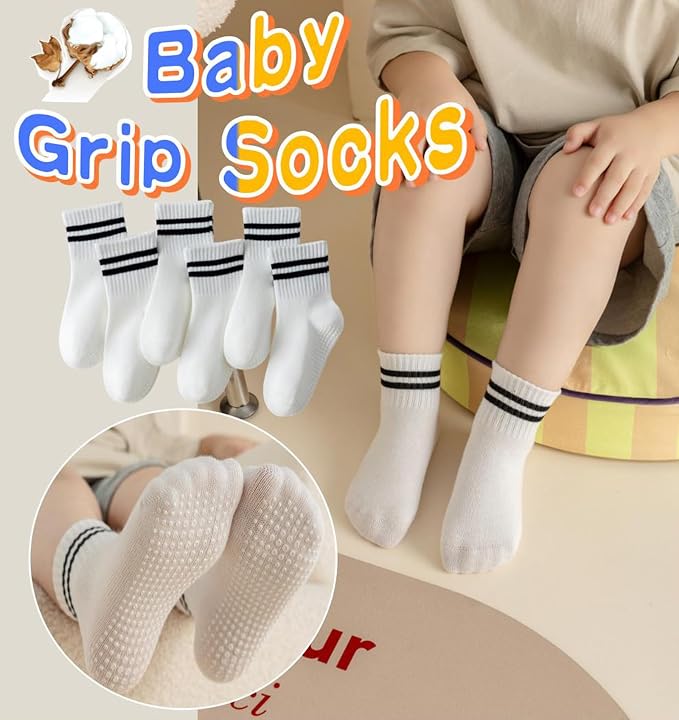 Toddler Grip Socks with Non-Slip Unisex Baby Stripe Crew Cotton Socks | Retro - Image 4