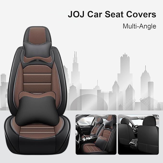 JOJ Car Seat Cover Fit for Toyota Highlander 2001-2025,7 Seat Car Seat Cover,No-Slip Waterproof Breathable Faux Leather,Full Set with Pillow Steering Wheel Covers,Black Coffee