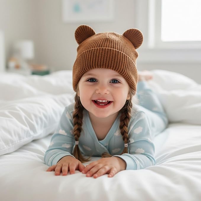 Hadetoto Cotton Baby Beanie Winter Knitted Hat, 2 Pack | Bear Ear Design - Image 3