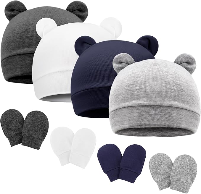 Newborn Baby Hat and Mittens Set Bear Ears Toddler Infant Beanie Caps Newborn by AQOKKA