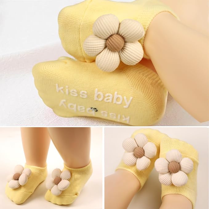 4Packs Baby Girls Socks, Flower Non-Slip Grips - Image 2