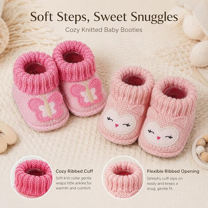 2 Pairs Baby Booties Newborn First Walkers Cozy Shoes Warm Knit Soft Booties - Image 5