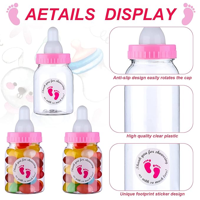 62 Pcs 3.5 Inch Baby Mini Milk Bottle Baby Shower Favor with 500 Adhesive Thank You for Showering Stickers, Small Plastic Candy Bottle DIY Gift for Boy Girl Newborn Baptism Party Decor (Pink)