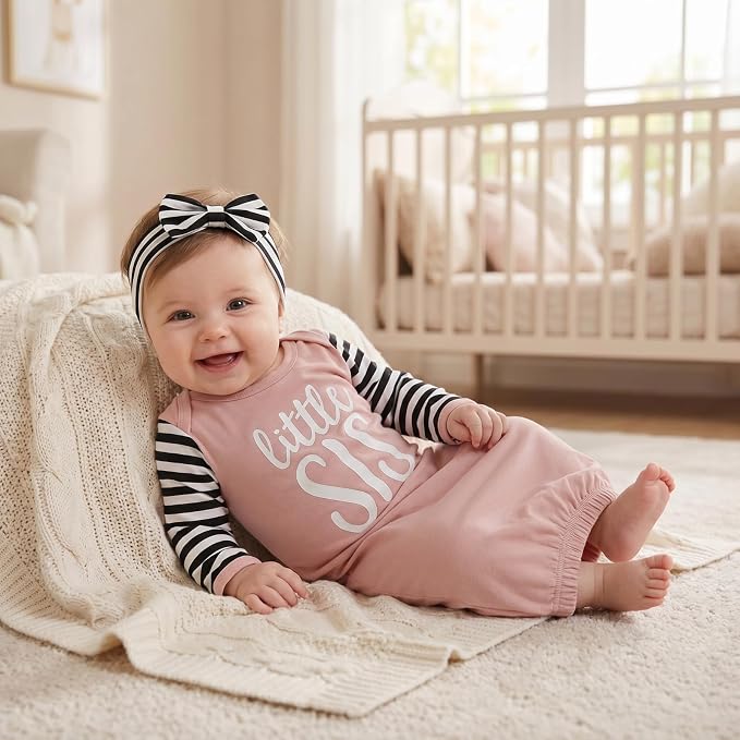 AMAWMW Newborn Baby Girl Little Sister Sleeper Gown Stripe Long Sleeve - Image 2