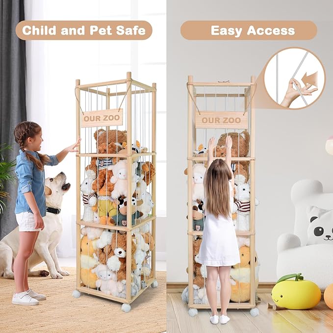 Stuffed Animal Storage, Wood Stuffed Animal Zoo Storage with Brake Wheels, Space Save Toy Organizer, Large Capacity Stuffed Animal Holder, Perfect for Nursery Playroom Kidroom Bedroom-54.3 Inch