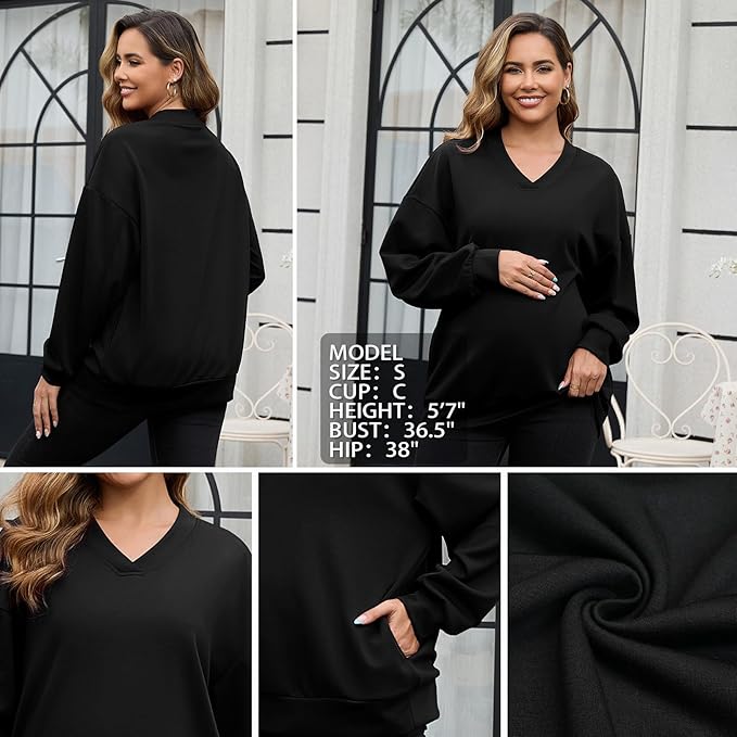 GINKANA Maternity Long Sleeve Shirts V Neck Sweatshirt Casual Tunic Tops Pregnancy Pullover with Pockets