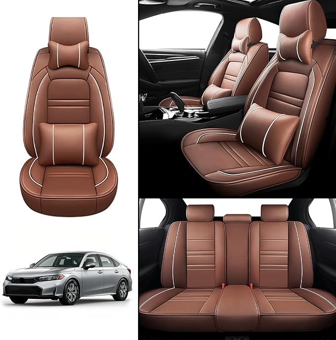 Car Seat Covers for Honda Civic 2001-2025 | 5-Seats Seat Covers, Waterproof Seat Protectors, Automotive Seat Covers (Full Set with Pillow,Coffee)