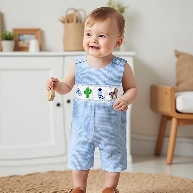 Newborn Baby Boys Sleeveless Seersucker Romper One Piece Straps Overalls - Image 7