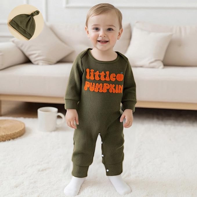 Newborn Infant Baby Boy Halloween Outfit Little Pumpkin Embroidery Romper Waffle Knit Long Sleeve Jumpsuit with Hat