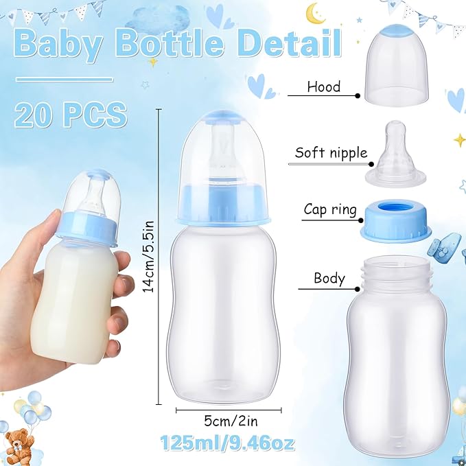 TrelaCo Bottle Chug Baby Shower Game 20 Pcs Baby Bottles Shower Favor with 1 Cute Bear Theme Sign for Gender Reveal Party Supplies Gifts(Blue)