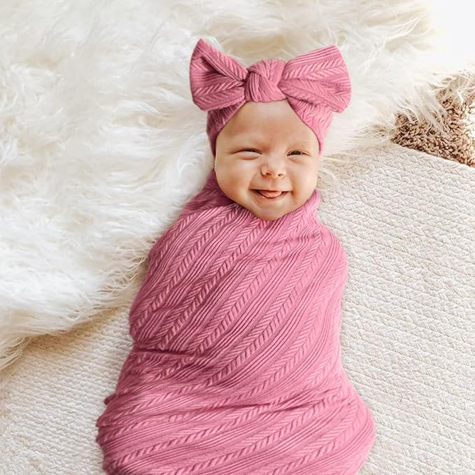 AQOKKA Newborn Receiving Blanket Wheat Ear Bow Hat Mitten Set | 4 Set Receiving - Image 6
