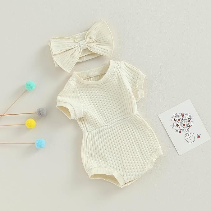 FOCUSNORM Baby Girl Summer Clothes Ribbed Short Sleeve Romper Solid Color - Image 3
