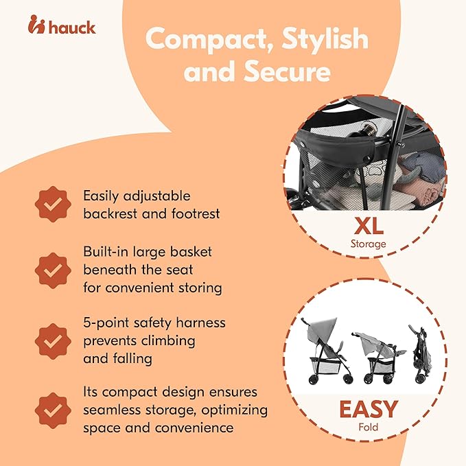 hauck Lightweight and Compact Travel Baby/Toddler Foldable Stroller, Sport, Grey