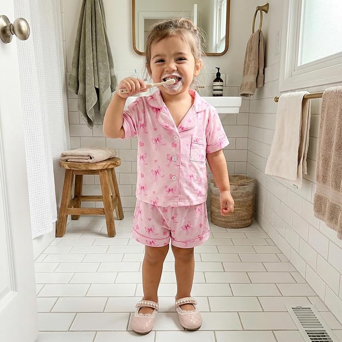 Kuriozud Toddler Baby Girl Pajamas Set Summer Floral Short Sleeve Button Down - Image 2